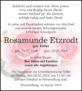 Traueranzeige von Rosamunde Etzrodt von Mitteldeutsche Zeitung