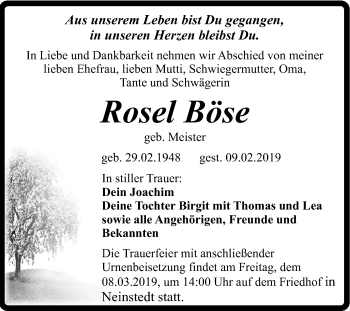Traueranzeige von Rosel Böse von Super Sonntag Quedlinburg