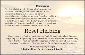 Traueranzeige von Rosel Helbing von Mitteldeutsche Zeitung Sangerhausen