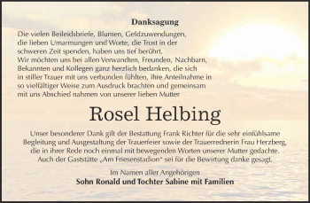 Traueranzeige von Rosel Helbing von Super Sonntag SGH Mansf. Land