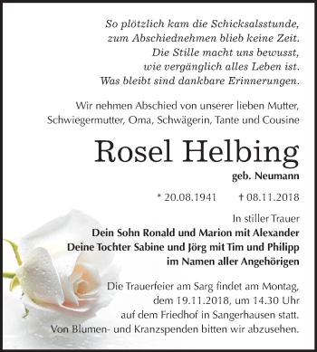 Traueranzeige von Rosel Helbing von Mitteldeutsche Zeitung Sangerhausen