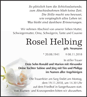 Traueranzeige von Rosel Helbing von Super Sonntag SGH Mansf. Land