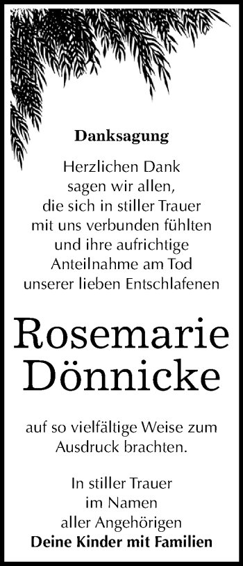 Traueranzeige von Rosemarie Dönnicke von Mitteldeutsche Zeitung Bitterfeld