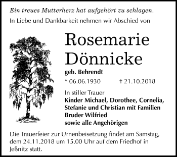 Traueranzeige von Rosemarie Dönnicke von Mitteldeutsche Zeitung Bitterfeld