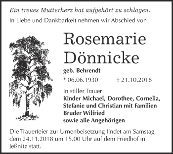 Traueranzeige von Rosemarie Dönnicke von WVG - Wochenspiegel Bitterfeld