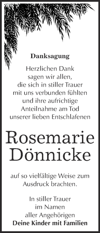 Traueranzeige von Rosemarie Dönnicke von WVG - Wochenspiegel Bitterfeld