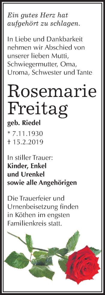 Traueranzeige von Rosemarie Freitag von Mitteldeutsche Zeitung Köthen