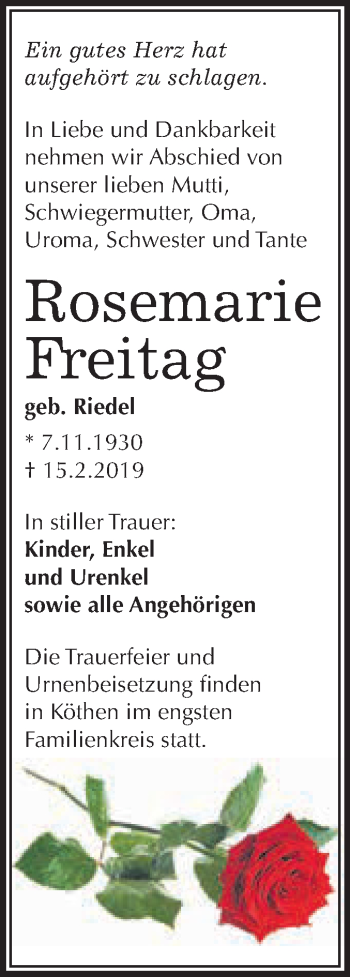 Traueranzeige von Rosemarie Freitag von WVG - Wochenspiegel Dessau / Köthen
