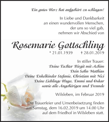 Traueranzeige von Rosemarie Gottschling von Super Sonntag Aschersleben