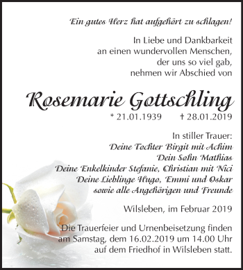 Traueranzeige von Rosemarie Gottschling von Mitteldeutsche Zeitung Aschersleben