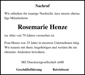 Traueranzeige von Rosemarie Henze von Mitteldeutsche Zeitung Halle/Saalkreis
