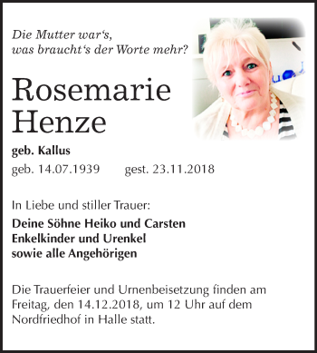Traueranzeige von Rosemarie Henze von Mitteldeutsche Zeitung Halle/Saalkreis