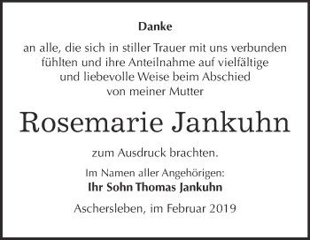 Traueranzeige von Rosemarie Jankuhn von Super Sonntag Aschersleben