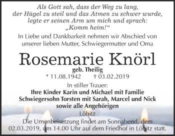 Traueranzeige von Rosemarie Knörl von WVG - Wochenspiegel NMB / WSF / ZTZ
