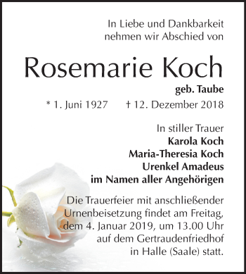 Traueranzeige von Rosemarie Koch von Mitteldeutsche Zeitung Halle/Saalkreis