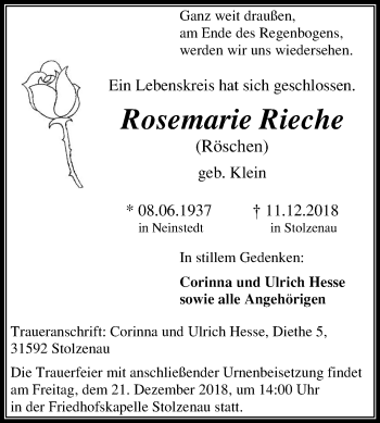 Traueranzeige von Rosemarie Rieche von Mitteldeutsche Zeitung Quedlinburg