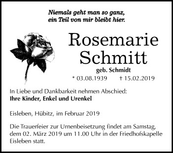 Traueranzeige von Rosemarie Schmitt von Mitteldeutsche Zeitung Mansfelder Land
