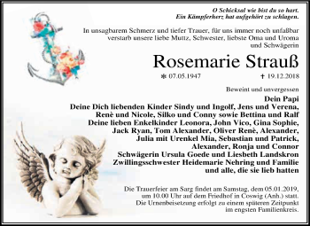 Traueranzeige von Rosemarie Strauß von WVG - Wochenspiegel Dessau / Köthen