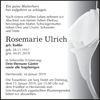 Traueranzeige von Rosemarie Ulrich von Super Sonntag SGH Mansf. Land