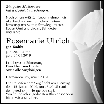 Traueranzeige von Rosemarie Ulrich von Mitteldeutsche Zeitung Mansfelder Land