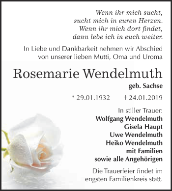 Traueranzeige von Rosemarie Wendelmuth von WVG - Wochenspiegel NMB / WSF / ZTZ