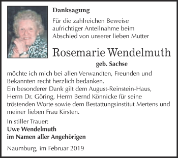 Traueranzeige von Rosemarie Wendelmuth von WVG - Wochenspiegel NMB / WSF / ZTZ