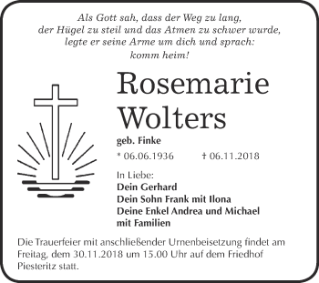 Traueranzeige von Rosemarie Wolters von WVG - Wochenspiegel Wittenberg