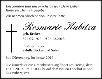 Traueranzeige von Rosmarie Kubitza von Mitteldeutsche Zeitung Merseburg/Querfurt