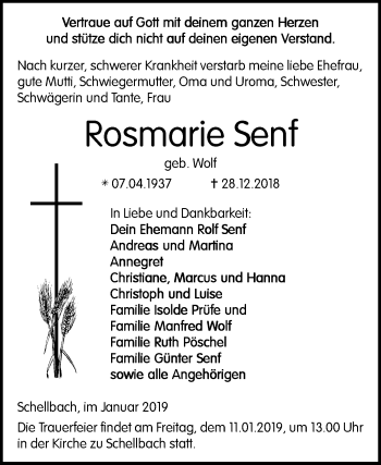 Traueranzeige von Rosmarie Senf von Super Sonntag Zeitz