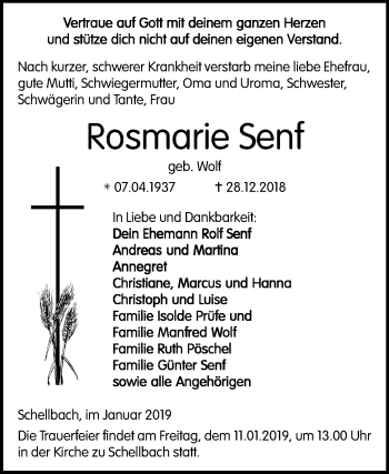 Traueranzeige von Rosmarie Senf von Mitteldeutsche Zeitung Zeitz