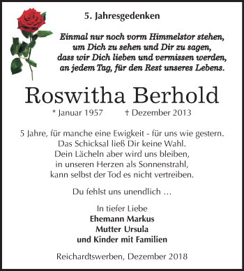 Traueranzeige von Roswitha Berhold von Mitteldeutsche Zeitung Weißenfels
