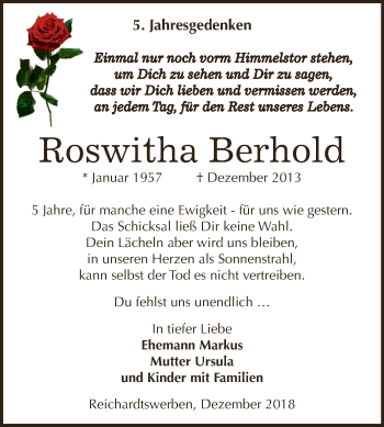 Traueranzeige von Roswitha Berhold von WVG - Wochenspiegel NMB / WSF / ZTZ