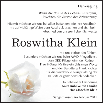 Traueranzeige von Roswitha Klein von Mitteldeutsche Zeitung