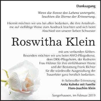 Traueranzeige von Roswitha Klein von Super Sonntag SGH Mansf. Land