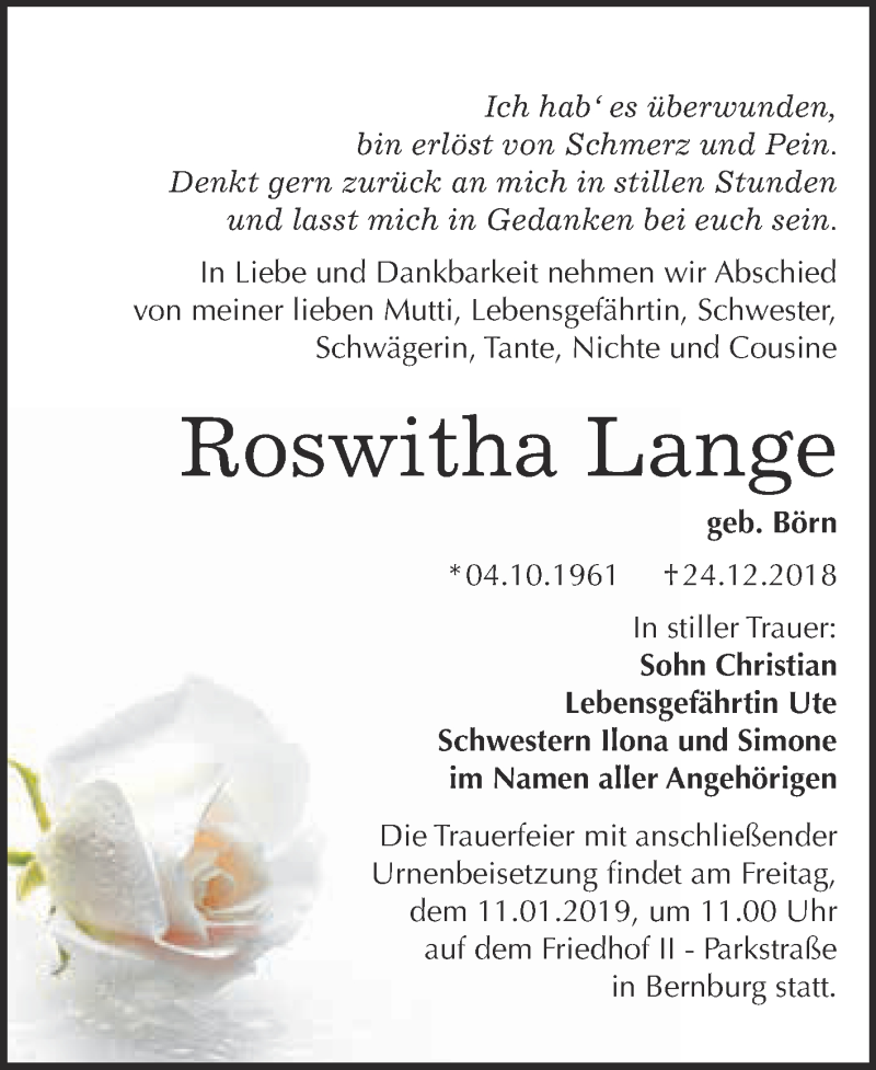  Traueranzeige für Roswitha Lange vom 31.12.2018 aus Super Sonntag Bernburg
