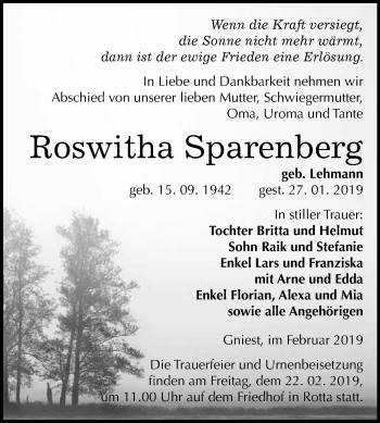 Traueranzeige von Roswitha Sparenberg von WVG - Wochenspiegel Wittenberg