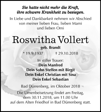 Traueranzeige von Roswitha Vollert von Mitteldeutsche Zeitung Merseburg/Querfurt