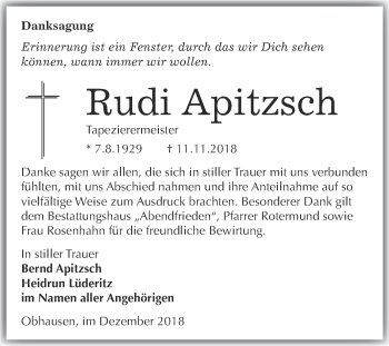 Traueranzeige von Rudi Apitzsch von WVG - Wochenspiegel Merseburg