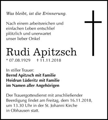 Traueranzeige von Rudi Apitzsch von Mitteldeutsche Zeitung Merseburg/Querfurt
