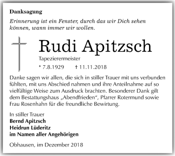 Traueranzeige von Rudi Apitzsch von Mitteldeutsche Zeitung Merseburg/Querfurt