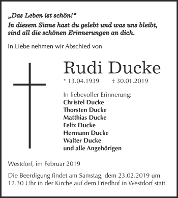 Traueranzeige von Rudi Ducke von Super Sonntag Aschersleben