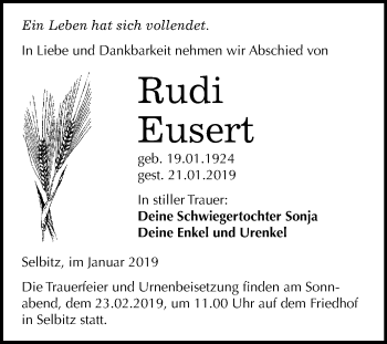 Traueranzeige von Rudi Eusert von WVG - Wochenspiegel Wittenberg