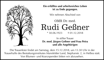 Traueranzeige von Rudi Geßner von Wochenspiegel Mansfelder Land