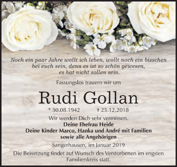 Traueranzeige von Rudi Gollan von Super Sonntag SGH Mansf. Land