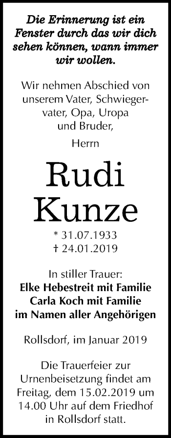 Traueranzeige von Rudi Kunze von Mitteldeutsche Zeitung Mansfelder Land