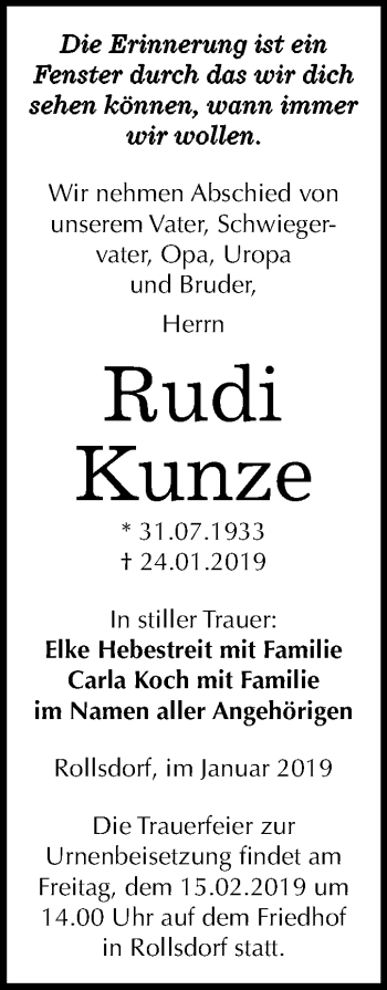 Traueranzeige von Rudi Kunze von Wochenspiegel Mansfelder Land