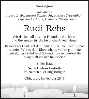Traueranzeige von Rudi Rebs von WVG - Wochenspiegel Merseburg