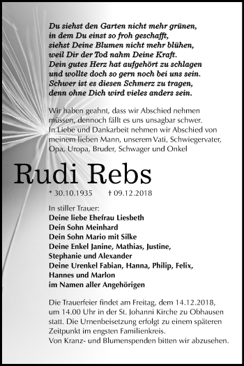 Traueranzeige von Rudi Rebs von Mitteldeutsche Zeitung Merseburg/Querfurt