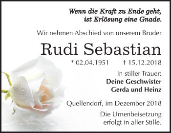Traueranzeige von Rudi Sebastian von Mitteldeutsche Zeitung Köthen