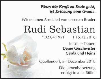 Traueranzeige von Rudi Sebastian von WVG - Wochenspiegel Dessau / Köthen